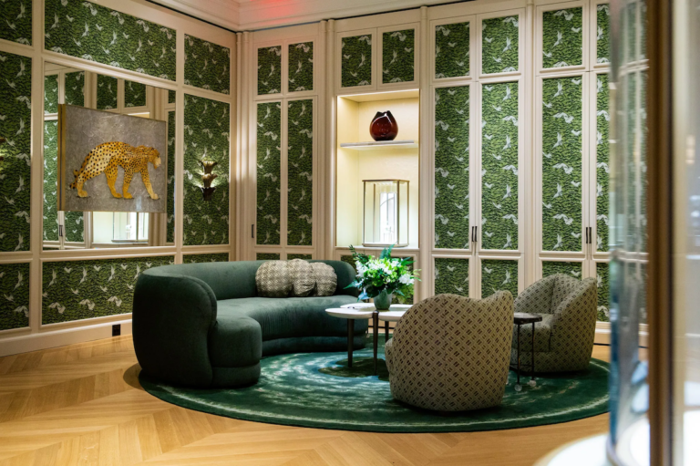 Cartier Mansion green room with leopard art