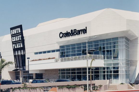 Exterior view of Crate & Barrel signage at South Coast Plaza